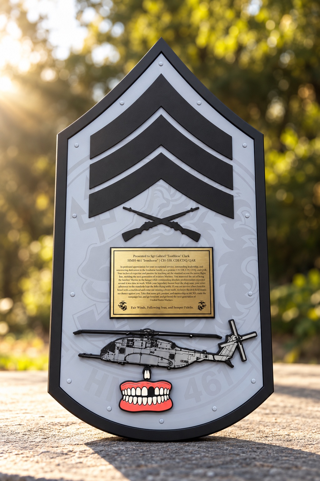 Shield-shaped aviation promotion plaque with rank insignia, a helicopter and unit emblem
