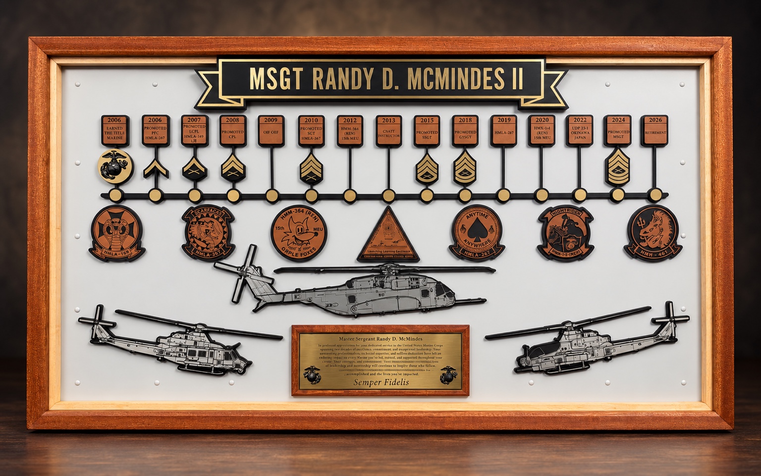 Studio view of Master Sergeant Randy McMindes’s framed aviation retirement timeline plaque